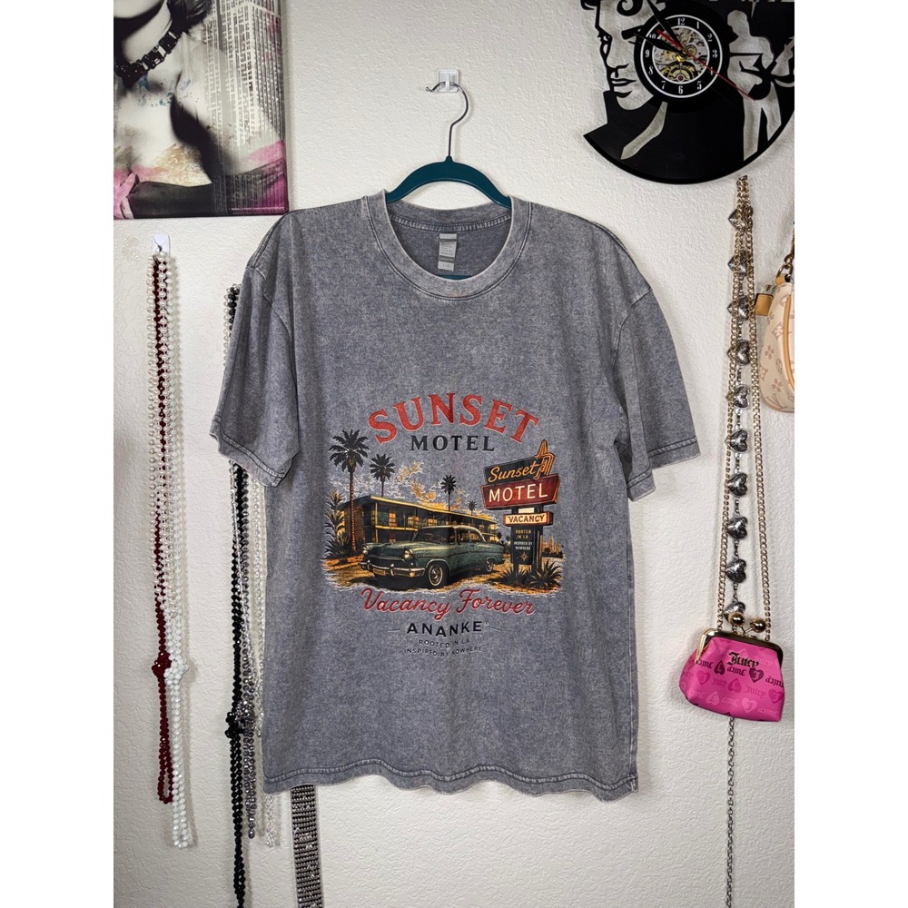 Ananke Sunset Motel Graphic T-Shirt Grey Acid Wash Men Size Large Short Sleeve
